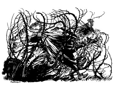 The thorns closed in around her so that she was all scratched and torn The thorns closed in around her so that she was all scratched and torn