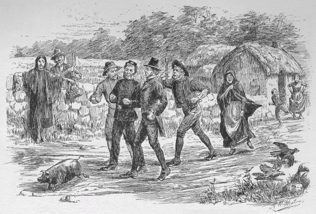 "OULD ROONEY AN' PADDY BLAGGARDIN' THE CONSTHABLE IVERY FUT O' THE WAY." Illustration: "OULD ROONEY AN' PADDY BLAGGARDIN' THE CONSTHABLE IVERY FUT O' THE WAY."