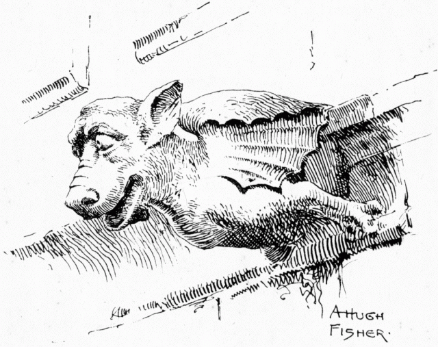 A GARGOYLE IN THE CLOISTERS. DRAWN BY A. HUGH FISHER. Illustration: A GARGOYLE IN THE CLOISTERS. DRAWN BY A. HUGH FISHER.