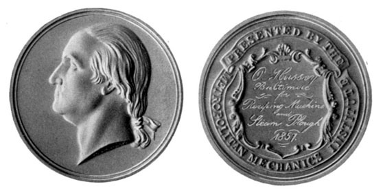 Silver medal won by Mr. Hussey with the Reaper and his Steam Plough at
New York in 1857
