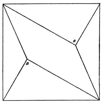 Fig. 398.—Five-piece Square Puzzle. (In
    Setting Out, note that the Angles B B
    are Right Angles.)