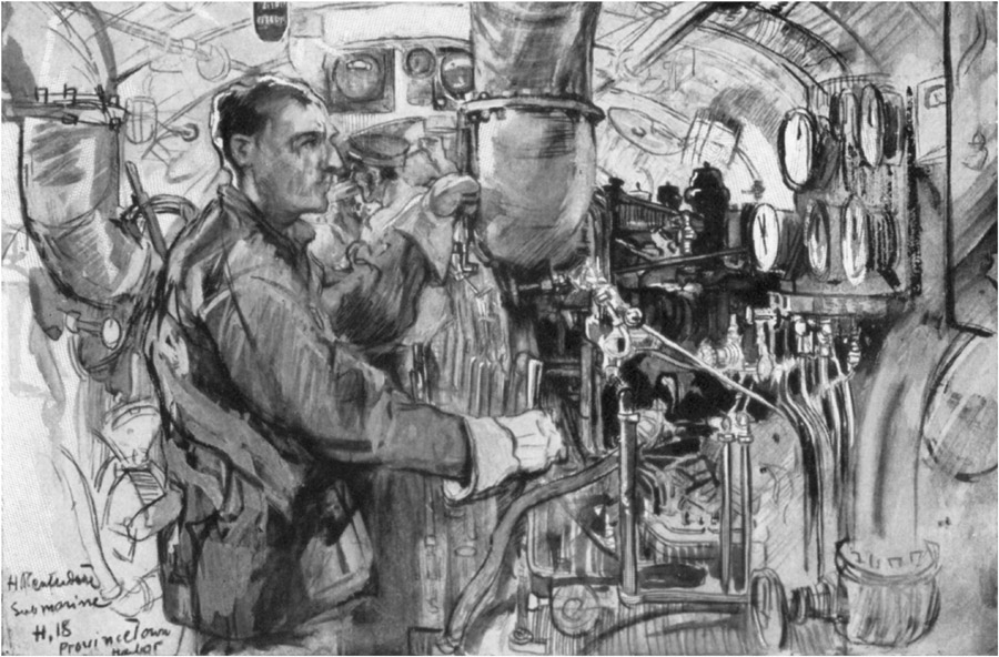 In the engine-room of a submarine.