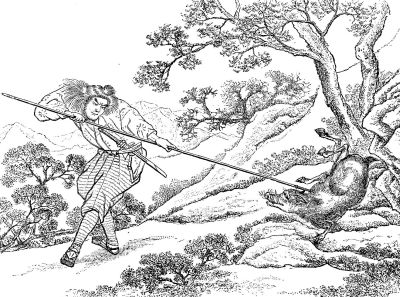 SPEARING A WILD BOAR.—FROM AN ORIGINAL JAPANESE DRAWING.