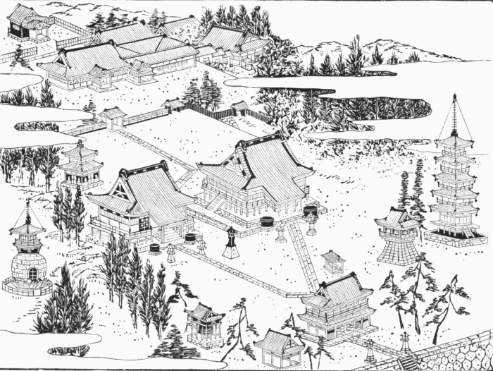 Plan Of Buddhist Temple At Ikegami, Near Tokio. (Head-quarters of the Hokkai or Nichiren sect.) The path to the left from the Entrance Gate leads to the Main Temple; that to the right to the Founder's Hall. To the right of the plan are the Drum-tower and Pagoda. Behind the Main Temple is the Rinzo or Revolving Library; and in the lower left-hand corner of the picture is the Reliquary. The two small buildings in the foreground are the Belfry and the Emado. In the background are the Priests' Apartments and Reception-rooms. Illustration.