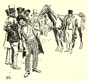 Drawing of a crowd with a man laughing at the horse being unharnessed