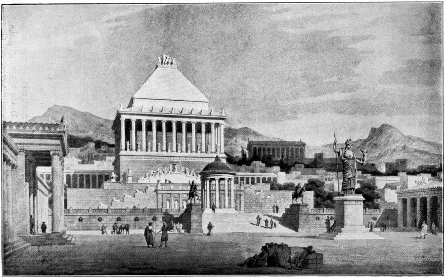 Bild 6. Perspektivische Ansicht des Mausoleums von Halikarnass. Rekonstruktion von J. Bühlmann. (Zeitschrift f. Gesch. d. Arch. II S. 19.) Bild 6. Perspektivische Ansicht des Mausoleums von Halikarnass. Rekonstruktion von J. Bühlmann. (Zeitschrift f. Gesch. d. Arch. II S. 19.)