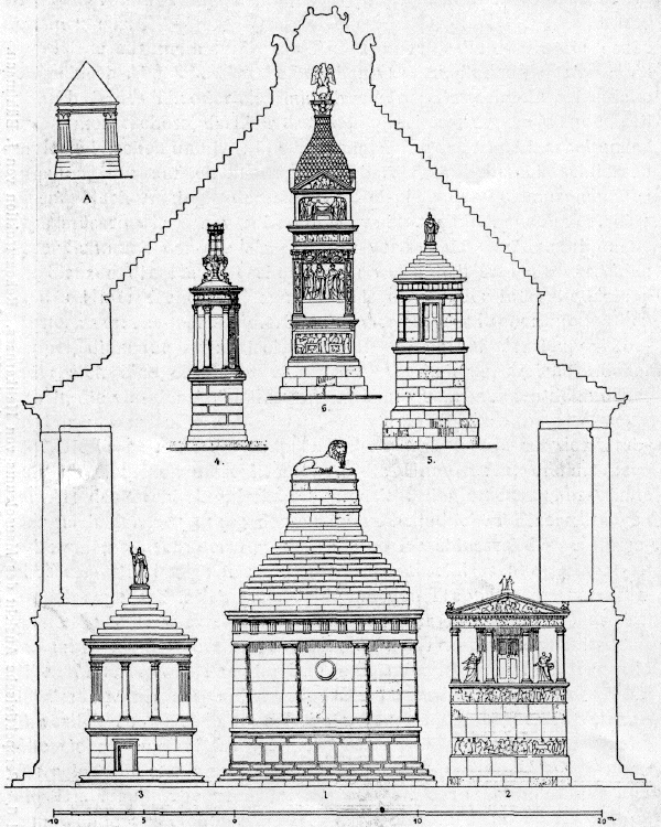 Bild 7. Vergleichende Zusammenstellung des Mausoleums zu Halikarnass mit anderen antiken Denkmälern in einheitlichem Masstabe, von J. Bühlmann (Zeitschrift f. Gesch. d. Arch. II S. 17). Bild 7. Vergleichende Zusammenstellung des Mausoleums zu Halikarnass mit anderen antiken Denkmälern in einheitlichem Masstabe, von J. Bühlmann (Zeitschrift f. Gesch. d. Arch. II S. 17).