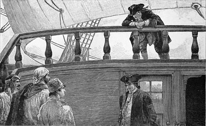 THE THREE FELLOWS WERE BROUGHT AFT TO THE QUARTER-DECK, WHERE CAPTAIN CROKER STOOD, JUST BELOW THE RAIL OF THE DECK ABOVE. THE THREE FELLOWS WERE BROUGHT AFT TO THE QUARTER-DECK, WHERE CAPTAIN CROKER STOOD, JUST BELOW THE RAIL OF THE DECK ABOVE.