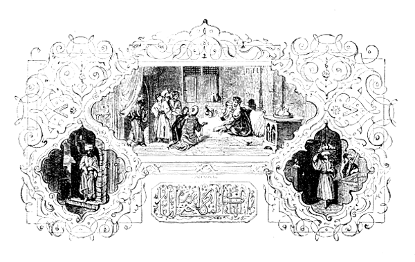 Head-piece to the Barber's Story of his Fifth Brother.--The Motto, 'The emulous desire of increase employeth you until ye visit the graves.' (Ḳur-&aacute;n, ch. cii. vv. 1 and 2.)