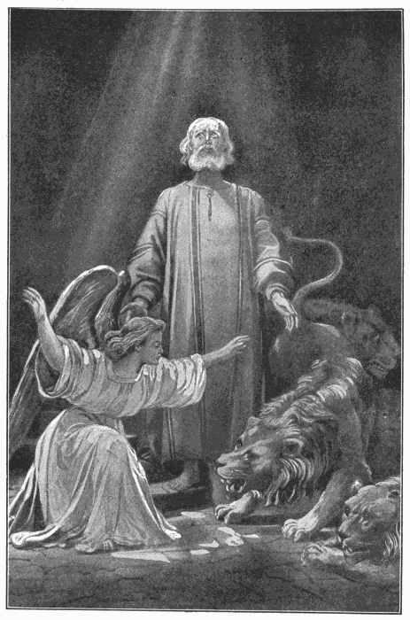 Daniel In The Lions' Den. "The angel of the Lord encampeth round about them that fear Him, and delivereth them." Ps. 34:7. Illustration.