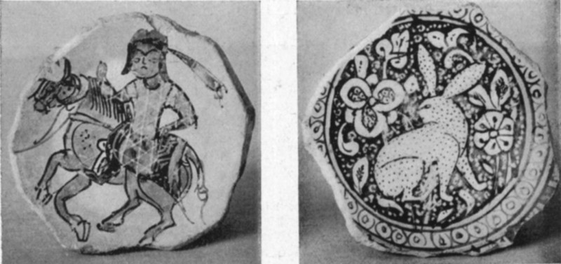 Two Fragments of Bowls, Persian, Rhages, XIII Century. Left: Polychrome Decoration, Right: Lustred Decoration Two Fragments of Bowls, Persian, Rhages, XIII Century. Left: Polychrome Decoration. Right: Lustred Decoration