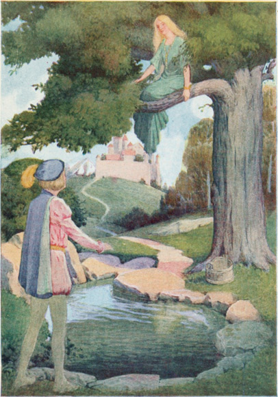 “AND SO HE SAW THE LOVELY MAIDEN WHO WAS SEATED AMONG
ITS BRANCHES.”
—Page 59