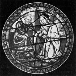 BARGA — CHIESA DI SANT'ELISABETTA.
LA MADONNA E S. GIUSEPPE CHE ADORANO GESÙ.
(VETRO DIPINTO).