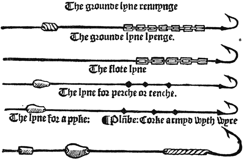 The grounde lyne rennynge
The grounde lyne lyenge.
The flote lyne
The lyne for perche or tenche.
The lyne for a pyke : ¶ Pln̄be : Corke armyd wyth wyre